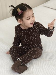 DAZY Infant/Toddler (Girl) Hooded All-Over Print Korean Style Long Sleeve 2 Pieces Loungewear Set - Coffee Brown - View 7