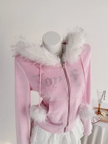 Elamini Women's Rhinestone & Pom Pom Decor Fur Collar Zipper Front Hooded Long Sleeve Sweatshirt - Mauve Purple - View 6
