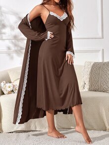 SHEIN 女款對比蕾絲長袖晨袍與細肩帶睡裙居家服套裝 - 咖啡棕 - 查看 5