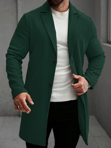 Manfinity Mode 男士純色口袋鈕扣前襟長袖大衣，適合秋冬冬季儀式場合 - 墨綠色 - 查看 6