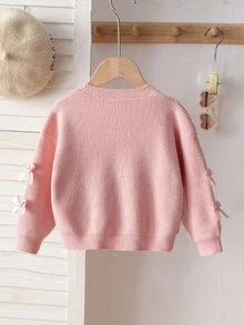 SHEIN Vintaside Kids 4-7歲女童撞色3D蝴蝶結V領羅紋針織開襟衫，小女孩春秋校園戶外百搭寬鬆長袖針織外套 - 粉色 - 查看 2