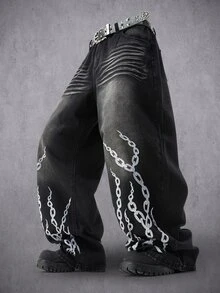 Manfinity Denimwave 男士復古黑灰色水洗寬鬆寬腿牛仔褲，鏈條圖案印花丹寧長褲，Y2K嘻哈街頭風寬鬆牛仔褲 - 黑色 - 查看 3