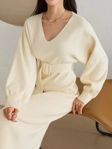 DAZY Women's Solid Color V-Neck Casual Everyday Knit Dress - Beige - View 6