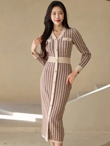 DAZY Women's Houndstooth Casual Everyday Summer Knit Dress - Brown - View 4
