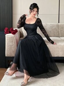 Modelyn French Square Neck Lace Patchwork Long Sleeve Slim Fit Flattering Mesh Elegant Evening Dress For Women - Black - View 6