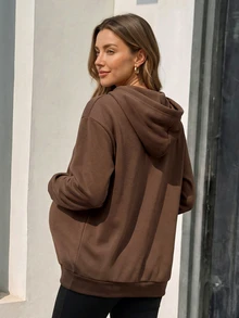 SHEIN Solid Color Long Sleeve 3-In-1 Maternity Jacket For Home Pregnancy Vacation, Autumn/Winter Brown Dressy Baggy - Coffee Brown - View 2