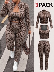SHEIN EZwear Plus Size Women Leopard Print Inner Layer And Long Sleeve Top And Leggings Casual Daily Outfit Set - Brown - View 1