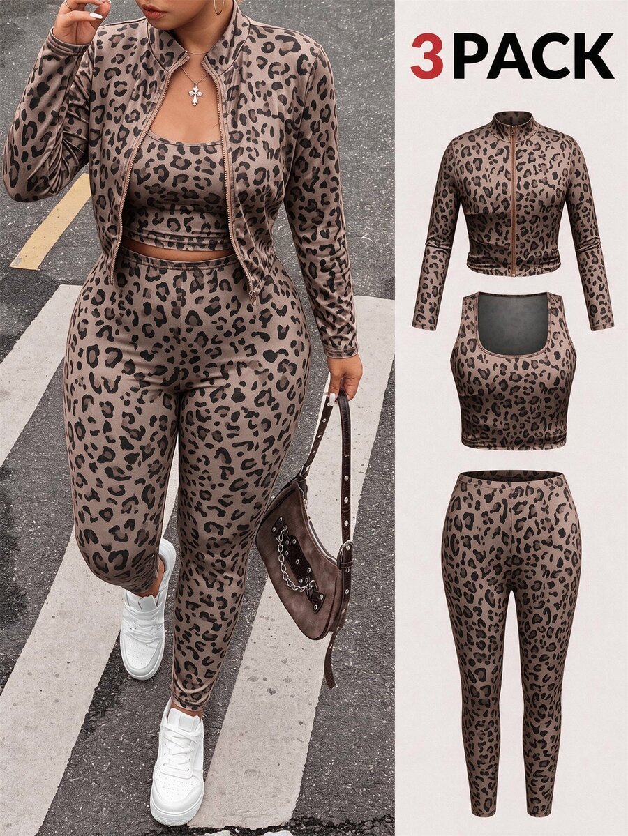 SHEIN EZwear Plus Size Women Leopard Print Inner Layer And Long Sleeve Top And Leggings Casual Daily Outfit Set - Brown - View 1