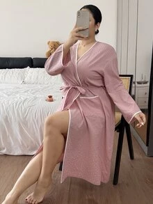 Napfluff CURVE Napfluff CURVE Minimalist Contrast Trim Tie Waist Plus Size Double Pocket Women's Robe - Pink - View 5