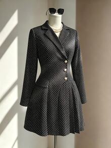Fine & Folde Women's Autumn/Winter Polka Dot Faux Pearl Button Pleated Dress For Dating - Black - View 4