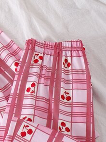女童阻燃睡衣套裝，粉色格紋櫻桃印花，翻領開襟長袖上衣搭配寬鬆長褲，柔軟親膚面料，阻燃舒適，可愛甜美風格，春秋日常睡衣居家服套裝 - 粉色 - 查看 9