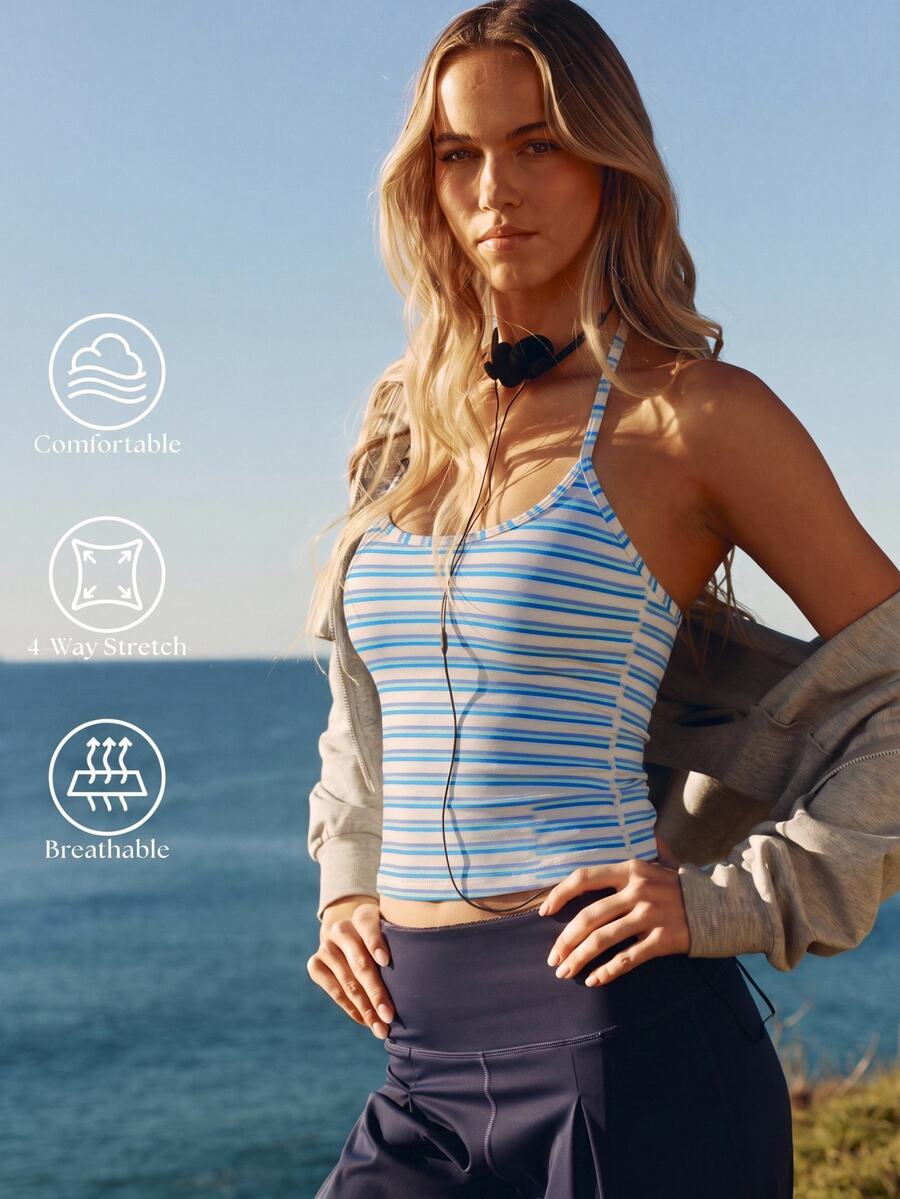 Aralina Women Striped Smooth Stretch Halter Scoop Neck Slim Fit Casual Going Out Gym Workout Summer Fall World Cup Watch Party Top - Multicolor - View 1