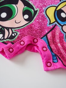 THE POWERPUFF GIRLS X SHEIN رومبير كاجوال بأكمام قصيرة وطبعة كرتونية للبنات الرضع - وردي - مشاهدة 5