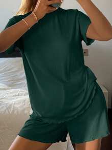 Livesso 女款夏季舒適純色極簡休閒針織密邊波浪邊居家服套裝睡衣 深綠色 - 墨綠色 - 查看 6