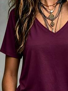 Linhara CURVE Plus Size Women's Solid Color V-Neck Short Sleeve Casual Versatile T-Shirt - Purple - View 4