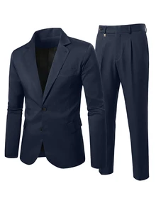 Manfinity Mode Men's Slim Fit Suit Set,Elegant Black Summer Formal Two-Pieces Blazer And Trousers For Dinner,Business,Wedding,Old Money Style Classic Suits,Ceremony - Navy Blue - View 3
