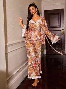 Slumberist 3 Pieces Leopard & Floral Print Women's Pajama Set, 3D Flower Cami Top, Wide Leg Pants, Tie-Front Robe, Loungewear - Orange Red - View 4