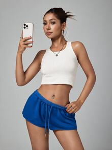SHEIN PETITE 女款純色鬆緊腰寬鬆休閒短褲 - 水鴨藍 - 查看 3