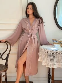 DAZY ملابس نوم نسائية كاجوال يومية منزلية بربطة خصر وتصميم دانتيل مرقع - وردي مغبر - مشاهدة 5