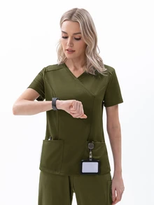 TaskEZ 女款春夏黑色三口袋小包圍式公主後縫線刷手服上衣，舒適時尚流行制服刷手服 - 軍綠色 - 查看 5