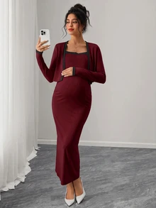 Momance Maternity Striped Colorblock Side Slit Spaghetti Strap Dress With Long Sleeve Cardigan 2 Pieces Set - Burgundy - View 6