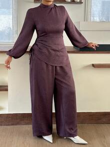 Dazy Plus Solid Color Fitted Waist Stand Collar Long Sleeve Pullover Shirt And Wide Leg Pants Elegant Spring/Autumn 2 Pieces Set - Purple - View 6