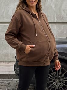 SHEIN Solid Color Long Sleeve 3-In-1 Maternity Jacket For Home Pregnancy Vacation, Autumn/Winter Brown Dressy Baggy - Coffee Brown - View 5