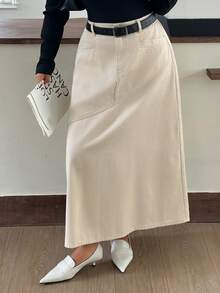 Dazy Plus Autumn New High Waist Solid Color Asymmetric Patchwork Loose A-Line Denim Long Skirt - Apricot - View 1