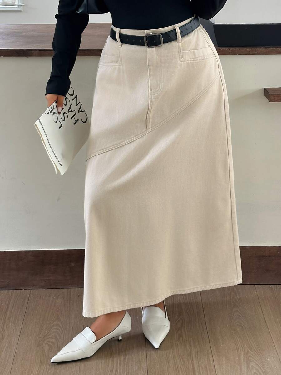 Dazy Plus Autumn New High Waist Solid Color Asymmetric Patchwork Loose A-Line Denim Long Skirt - Apricot - View 1