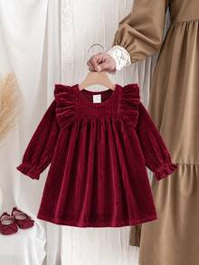 Baby Girl Autumn/Winter Christmas Burgundy Korean Fleece Round Neck Ruffle Long Sleeve Waist-Cinching Dress, Versatile And Comfortable - Burgundy - View 1