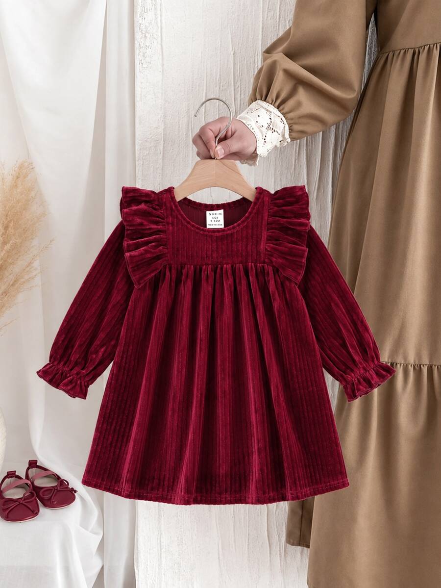 Baby Girl Autumn/Winter Christmas Burgundy Korean Fleece Round Neck Ruffle Long Sleeve Waist-Cinching Dress, Versatile And Comfortable - Burgundy - View 1