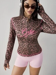 Slayform Jaket Lengan Panjang Wanita Motif Leopard dengan Huruf untuk Lari Musim Gugur, Olahraga Luar Ruangan, dan Pusat Kebugaran - Coklat - View 5