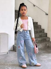 SHEIN Girls Y2K Sweet Style Snowflake Washed Light Blue High Waist Straight Leg Wide Leg Jeans All-Over Print Colorful Heart Rhinestone Decor Campus Daily Versatile High Street Fashion Denim Pants - Medium Wash - View 6