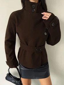 Firerie Women's Solid Color Stand Collar Long Sleeve Casual Commute Overcoat - Brown - View 4