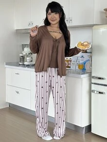 ZzzCrew Plus Size Lace-Up Camisole Top And Heart Stripe Print Long Pants With Frill Trim Cardigan Pajama Set - Brown - View 3