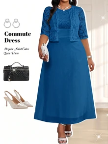 Fleurora 大尺碼女款蕾絲拼接洋裝與開襟衫休閒兩件套 - 水鴨藍 - 查看 2