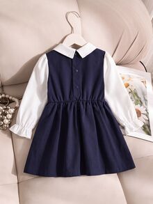 Souflis 1件女嬰秋冬深藍色領口長袖百褶洋裝，復古學院風優雅2合1拼接設計，金色鈕扣裝飾，收腰短洋裝，棉混紡面料，適合春秋日常穿著、旅行、度假、派對及多種場合 - 彩色 - 查看 3