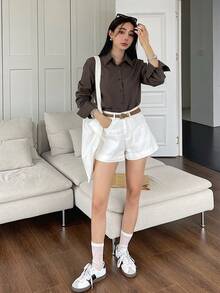 DAZY 女款純色休閒百搭日常穿著長袖襯衫 - 咖啡棕 - 查看 5