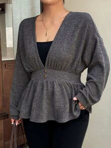 Dazy Plus Spring/Autumn New Korean Solid Color Deep V-Neck Waist-Cinching Long Sleeve T-Shirt - Grey - View 5