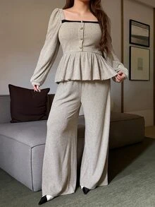 Dazy Plus Plus Size Women's Contrast Trim Ruffle Hem Top And Wide Leg Pants Sweet Elegant 2 Pieces Set Party Formal Beige Grey Fall - Apricot - View 7