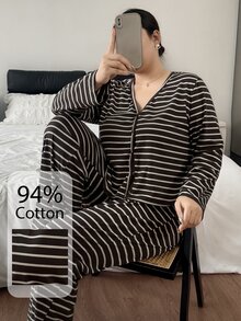 Napfluff CURVE Napfluff CURVE Plus Size Women's Cotton Striped Button-Front Pajama Set, Casual Loungewear - Chocolate Brown - View 6