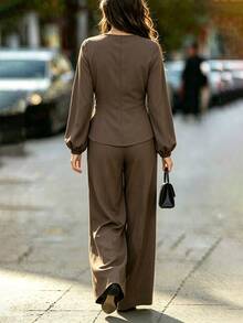 Velvienne French Luxury Style Round Neck Long Sleeve Asymmetrical Hem Cinched Waist Top & High Waist Straight Leg Wide Leg Pants Commuter Set - Brown - View 2