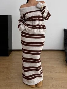 POPSWAY Autumn/Winter Design Cold Shoulder Grey Striped Knit Skirt And Sweater Set Fall Formal Travel Elegant Casual - Multicolor - View 8