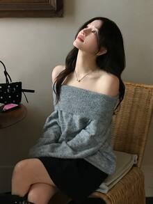 DAZY Women's Off-Shoulder Korean Style Long Sleeve Autumn/Winter Elegant Sweater - Grey - View 3