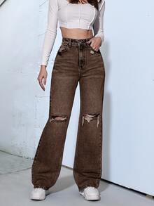SHEIN ICON 女款高腰口袋破洞休閒喇叭牛仔褲 - 鏽棕色 - 查看 5