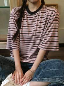 DAZY Contrast Color Striped Top Casual Daily Korean Style Spring Autumn Women's T-Shirt - Pink - View 3