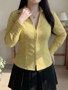 Dazy Plus Autumn V-Neck Long Sleeve Yellow Striped Cute Cinched Waist Slim Fit Elegant Date Commute Cardigan Shirt - Yellow - View 3