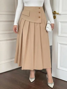Dazy Plus Autumn/Summer New High Waist Single-Breasted Decorative Pleated Solid Color Loose A-Line Mid-Length Skirt Brunch Office Elegant Business Casual - Khaki - View 6