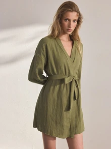 Ocili Leisure Pure Cotton Double-Layer Crepe Minimalist Comfortable Neutral Soft Long Sleeve Robe Sleepwear Women's Loungewear - Dark Green - View 6