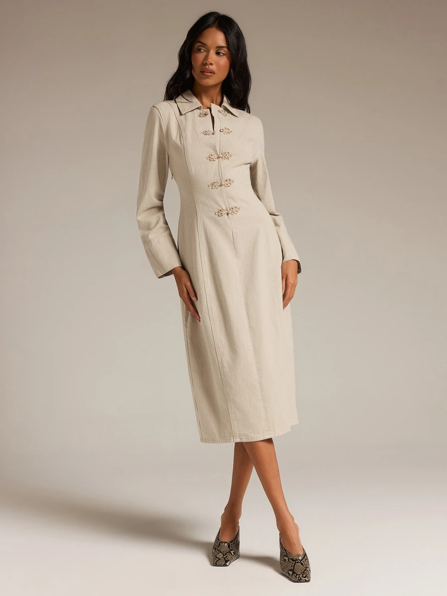 COSMINA Denim فستان جينز أزرق أنيق وكاجوال للنساء بأزرار على شكل ضفدع مناسب للتنقل اليومي - كاكي - مشاهدة 1